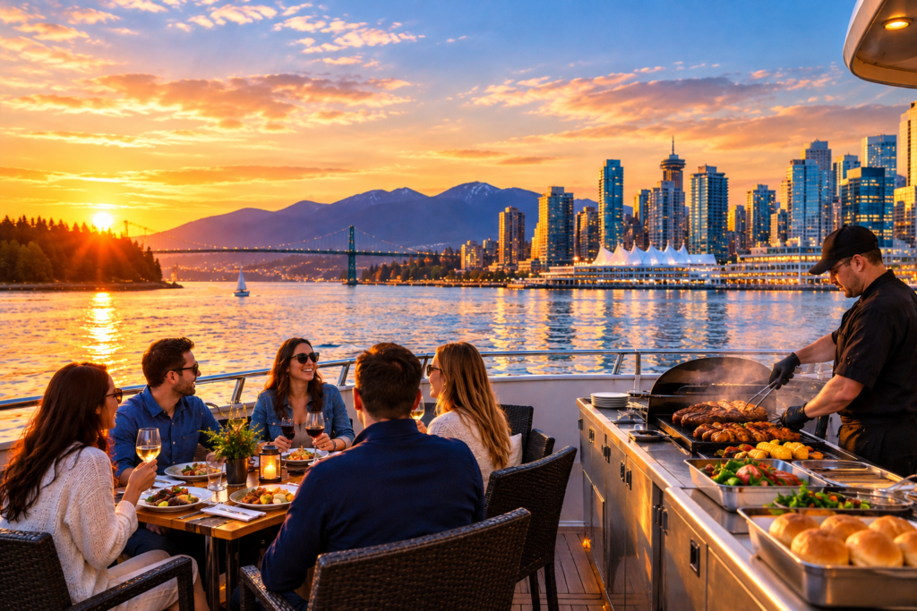 Sunset BBQ dinner cruise on Vancouver harbour at golden hour