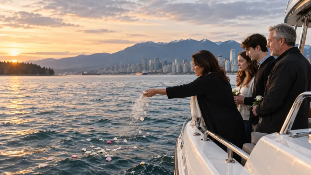 Family scattering ashes from a white boat onto the calm waters near Vancouver's shoreline at sunset