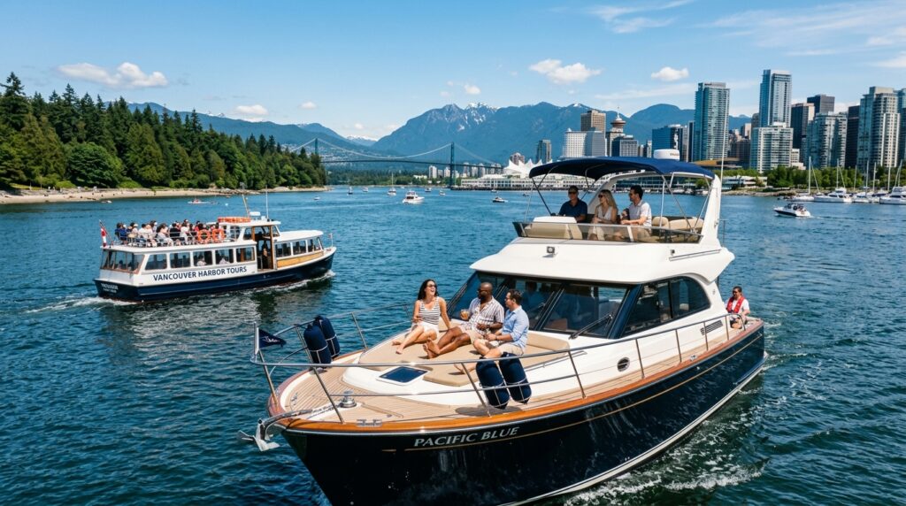 Private boat tour passengers cruising Coal Harbour in Vancouver